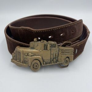 Vintage 1978 Solid Brass Fire Truck Belt Buckle by Baron Buckles Italian Leather
